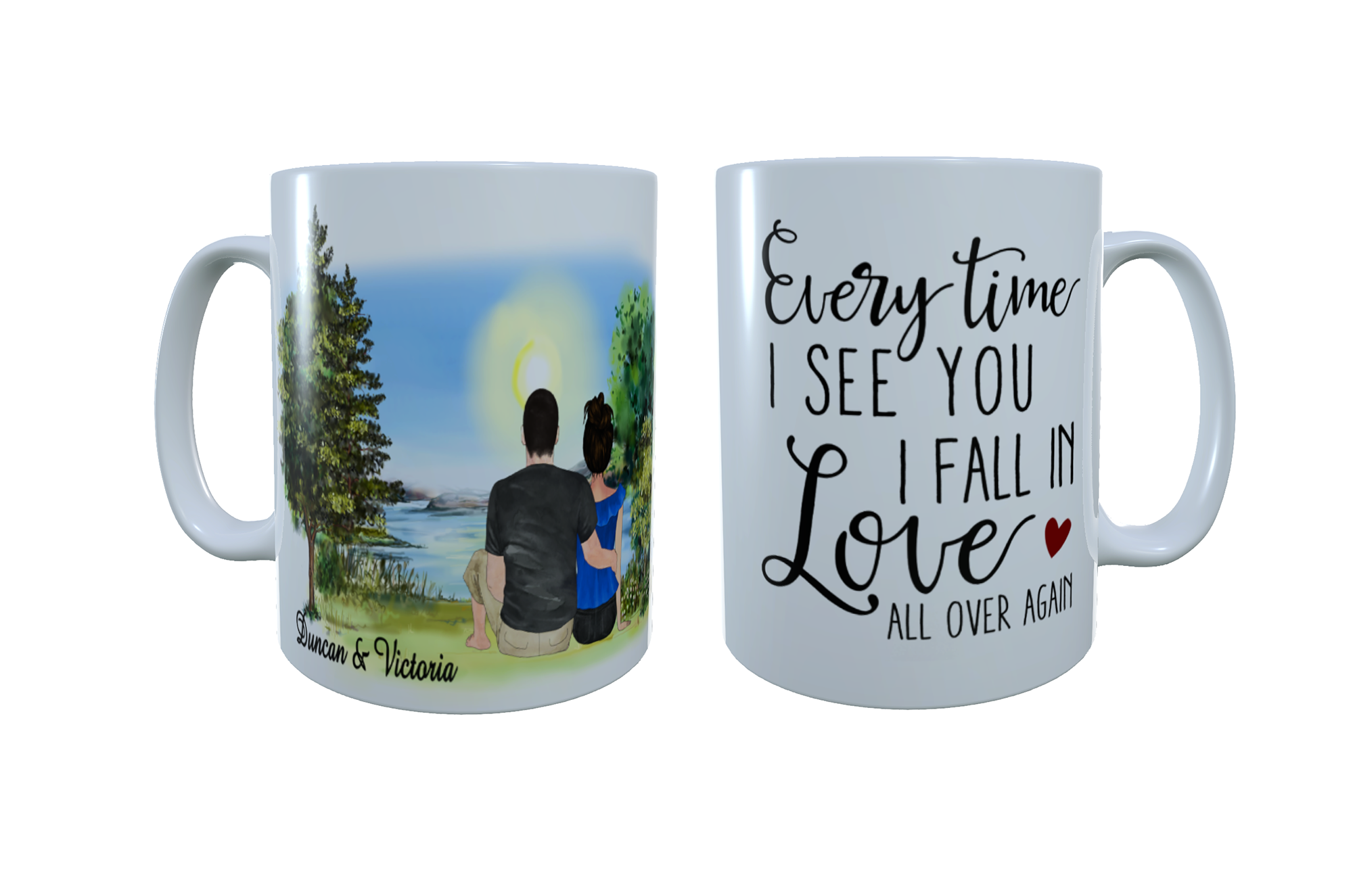 Romantic Couple Sunrise Lakeside Ceramic Mug, Custom Couples Mug